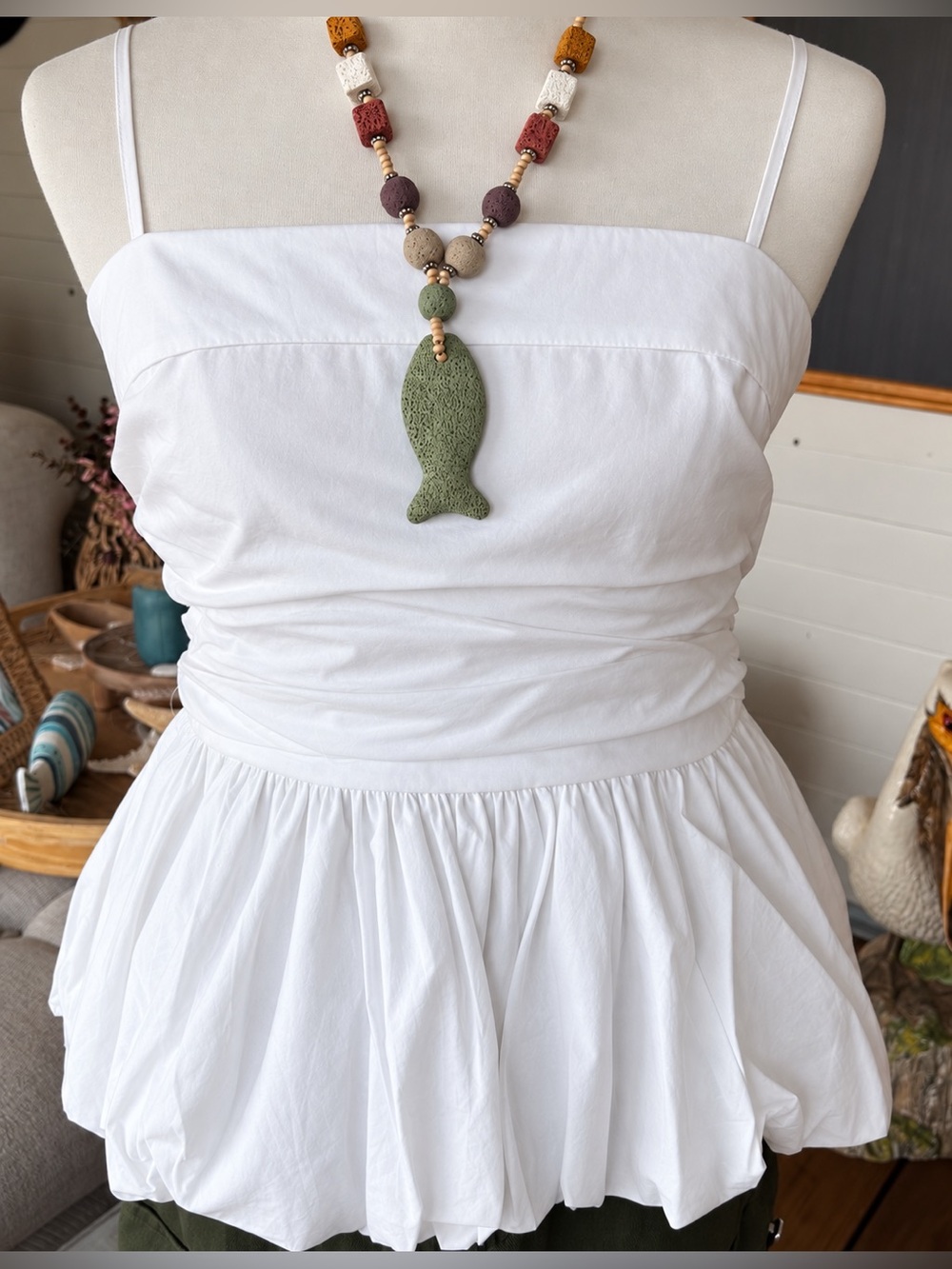 NWT PINCH White Bubble Hem Peplum Tank Top Smocked Cotton Large